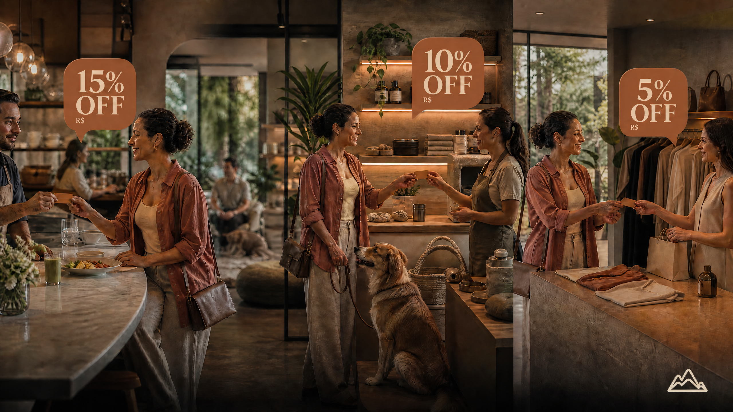 Aluna Fisiform usando benefícios ilustrativos em restaurante, pet shop e loja