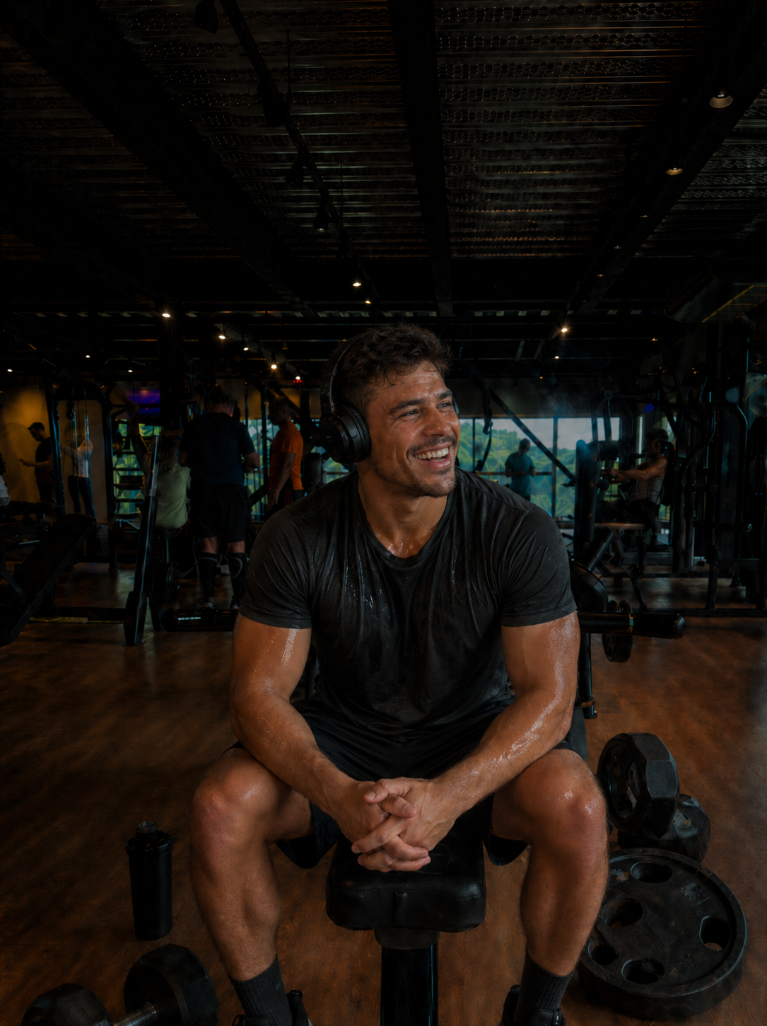 Aluno da Fisiform sentado, sorrindo e usando fone após o treino